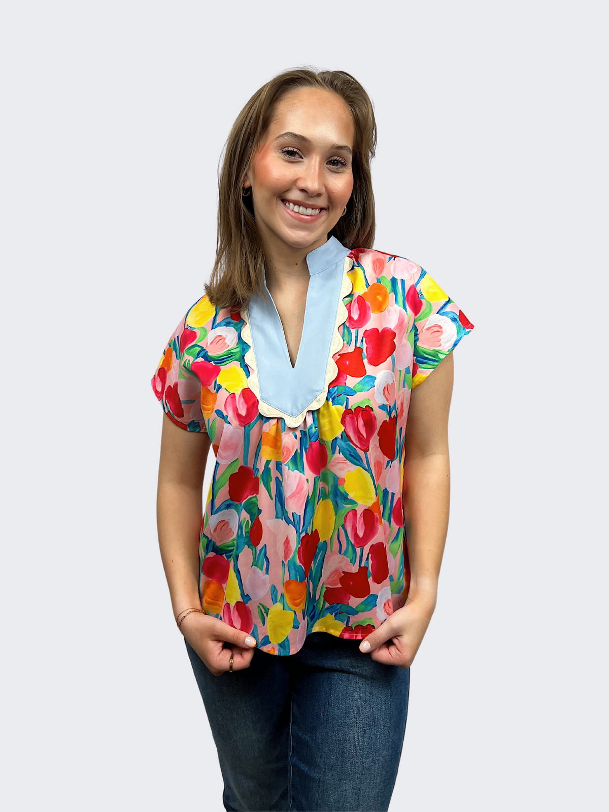 tulip print pattern v-neck blouse summer top front view