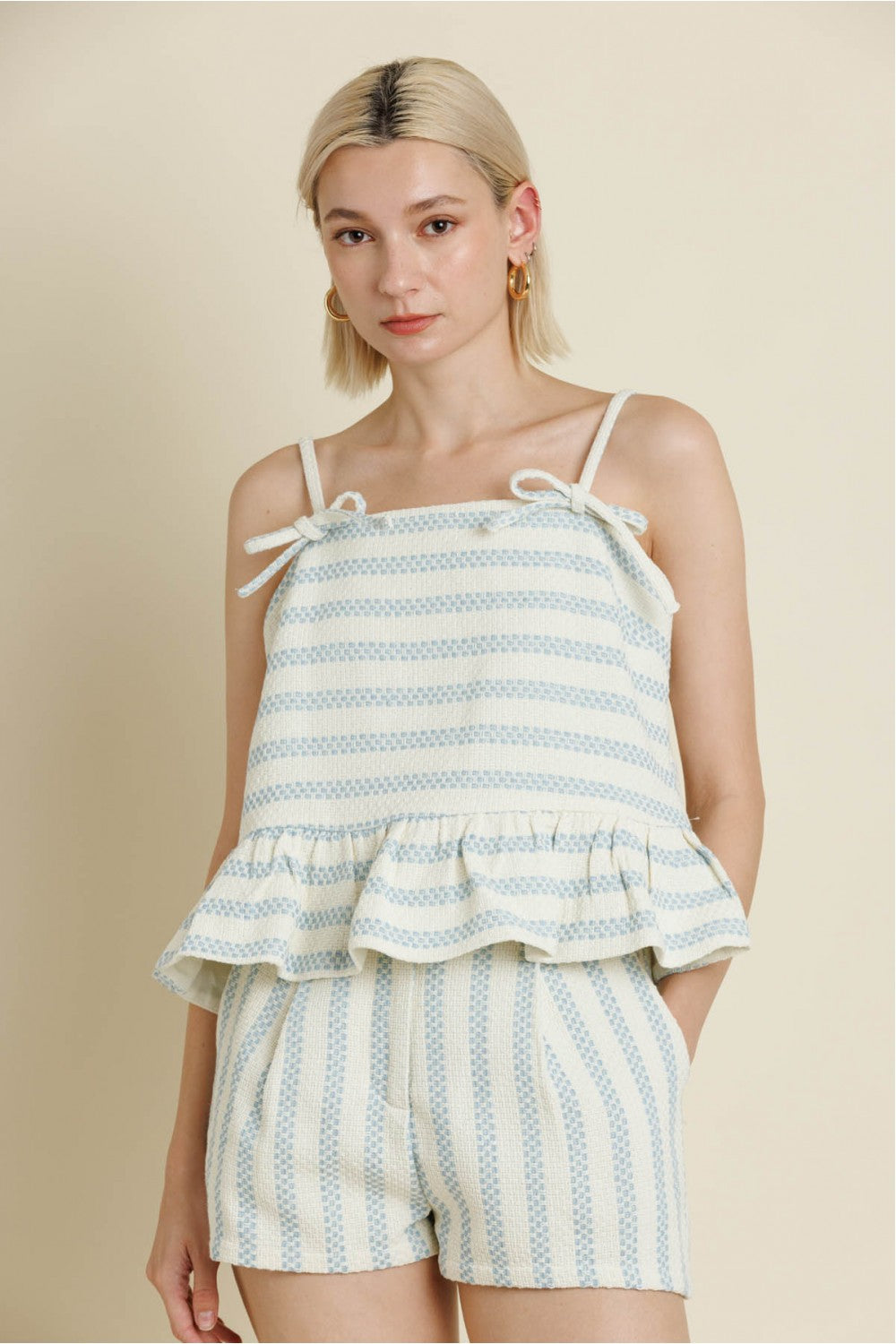 Blue & White Tweed Peplum Cami Top & Matching Shorts Set
