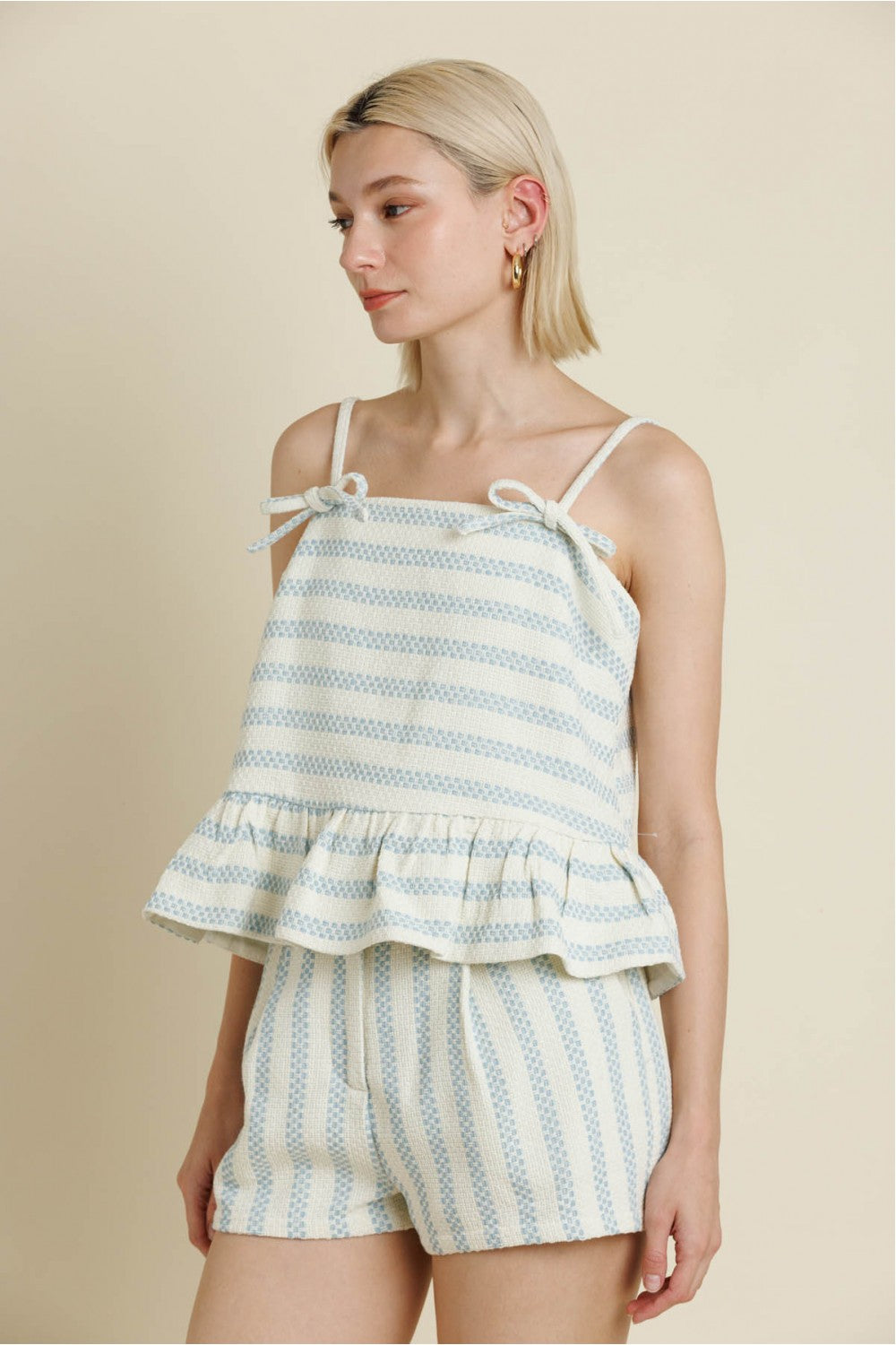 Blue & White Tweed Peplum Cami Top & Matching Shorts Set