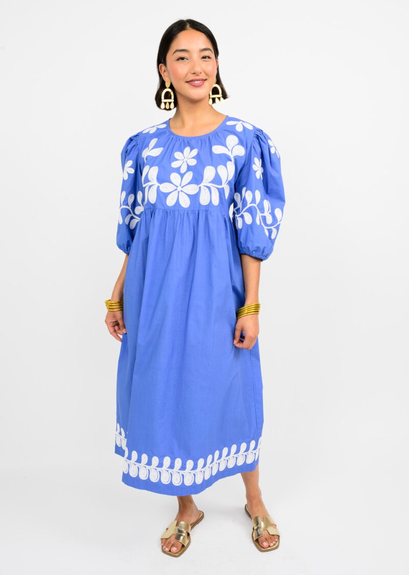 uncle frank cord embroidered dress in blue