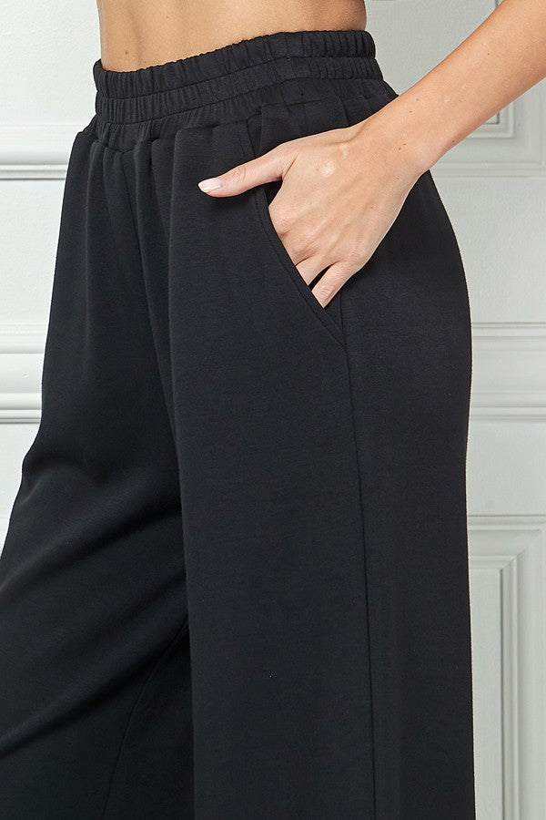 very soft cropped wide leg pants in black-side detail view