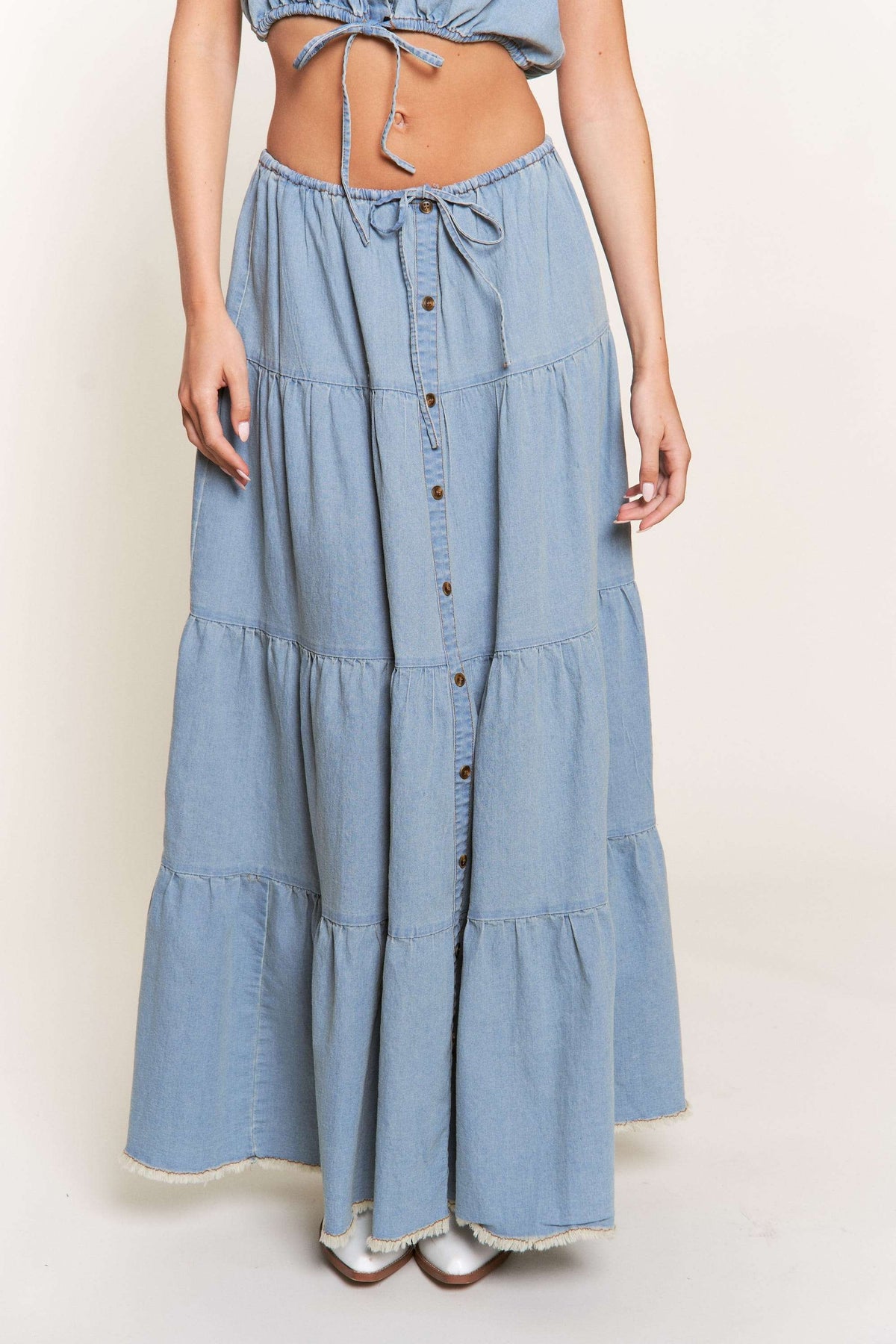 Washed Denim Tiered Maxi Skirt