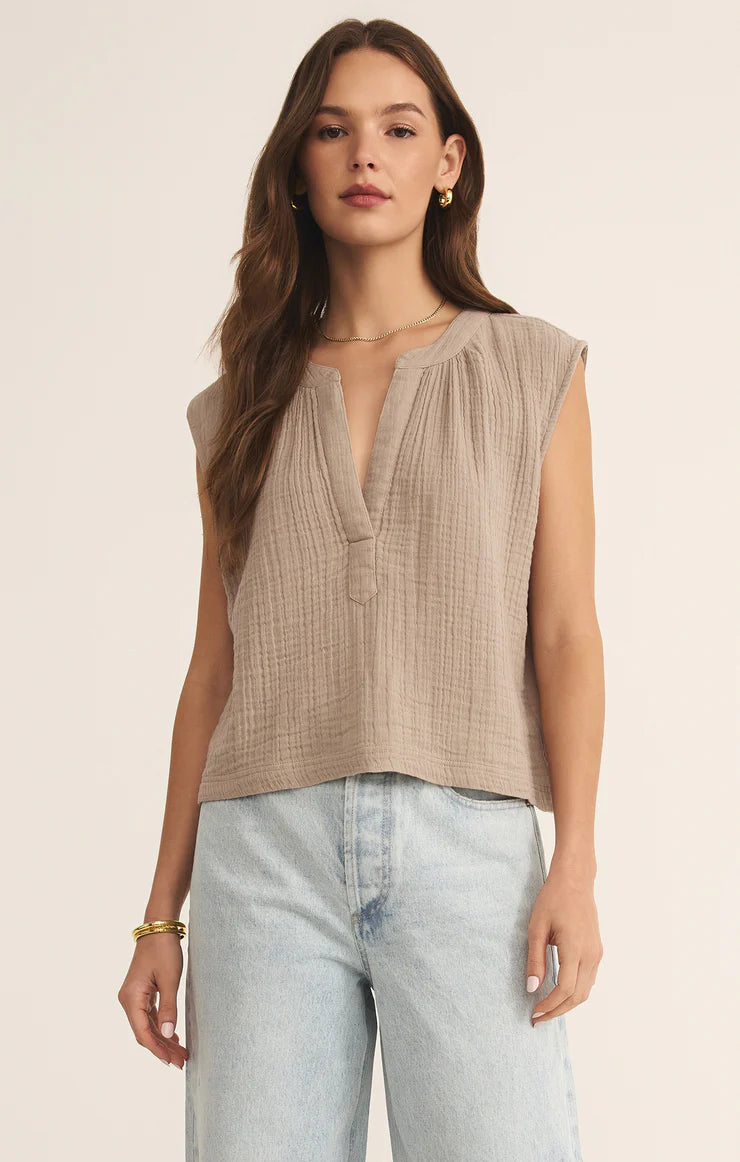 Z SUPPLY Cliffside V-Neck Airy Gauze Top Iced Coffee