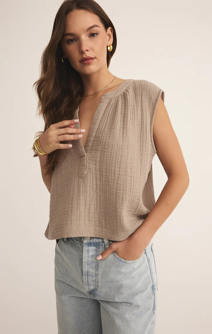Z SUPPLY Cliffside V-Neck Airy Gauze Top Iced Coffee