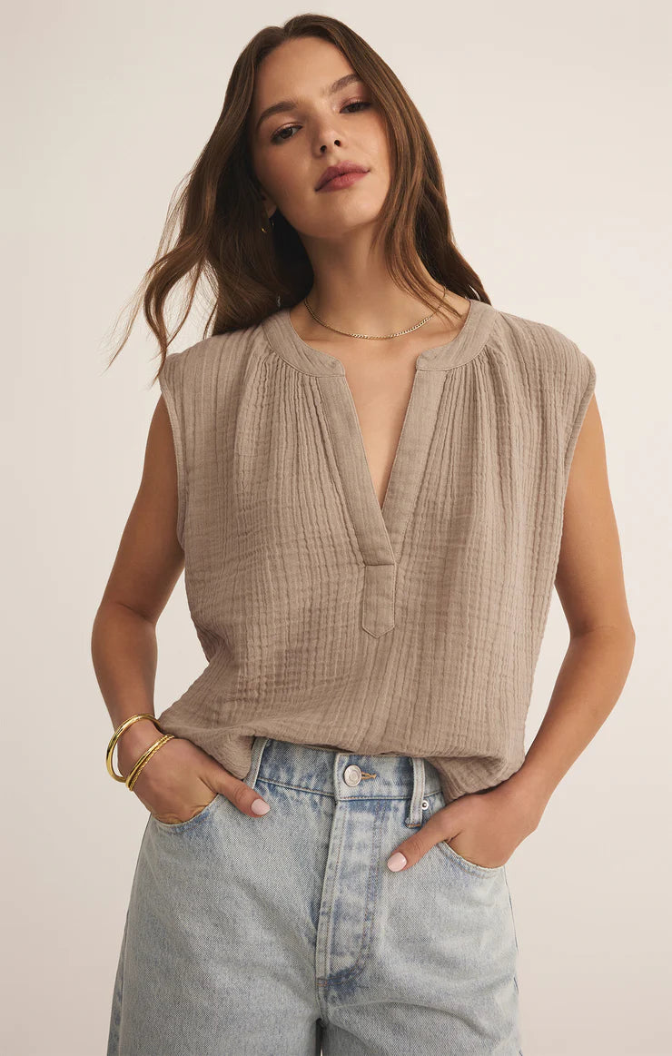 Z SUPPLY Cliffside V-Neck Airy Gauze Top Iced Coffee