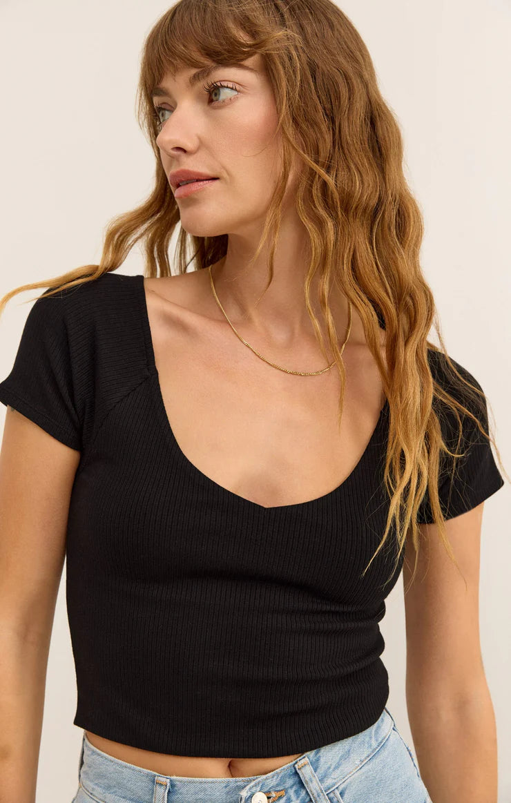 z supply kallen rib cropped tee in black-detail