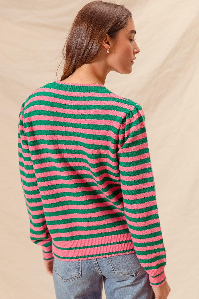 Two Color Stripe Sweater in jade pink-back