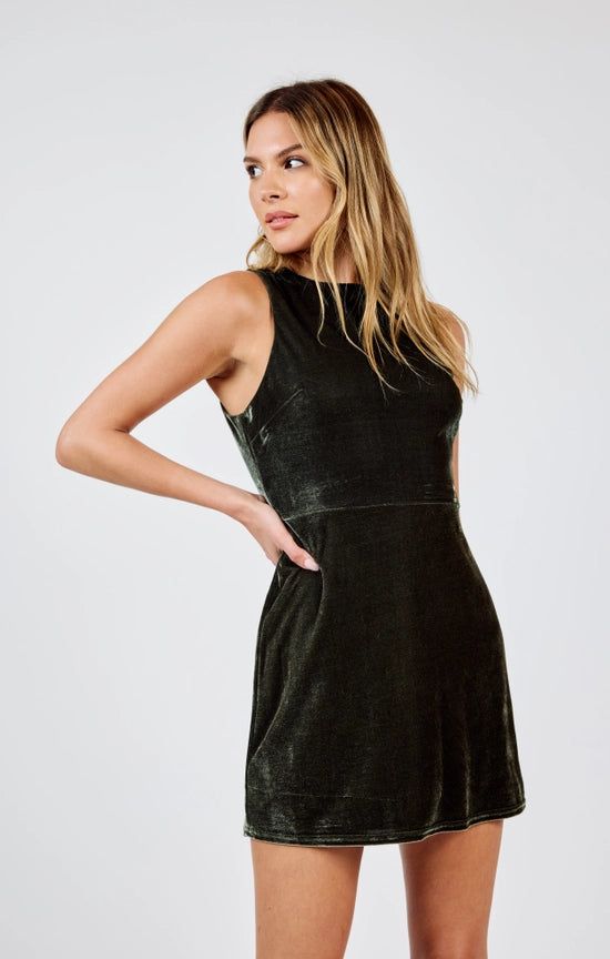 Midnight Oil Velvet Mini Dress in dark moss-side