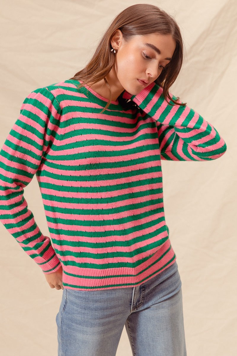 Two Color Stripe Sweater in jade pink-front