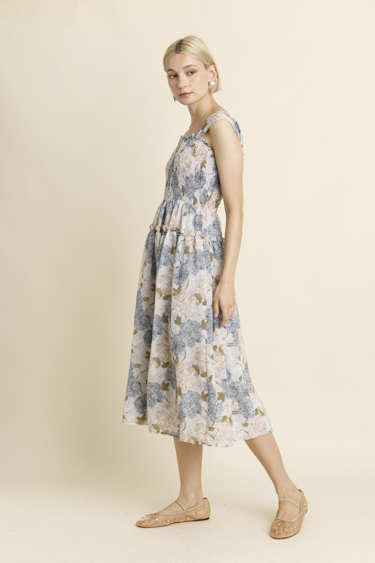 blue floral sleeveless midi dress-side