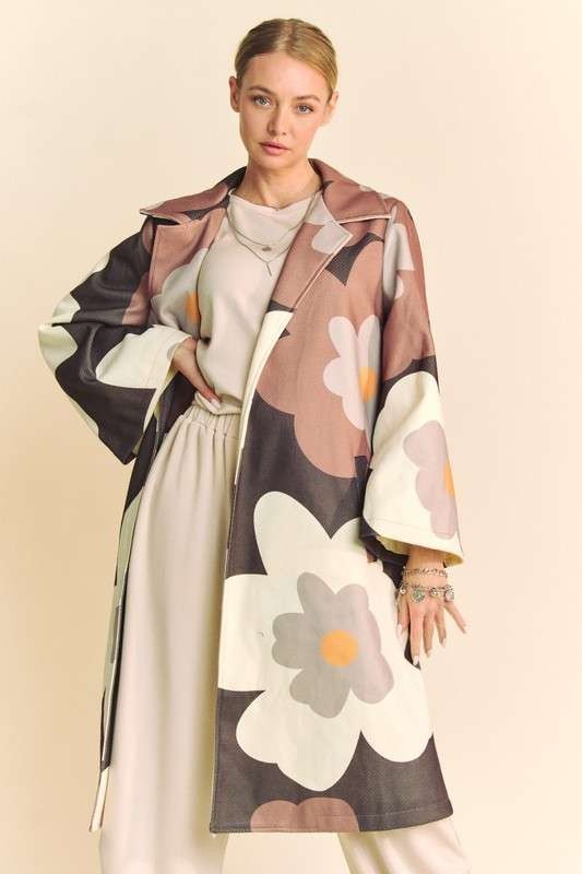 Retro Floral Bold Long Overcoat in Mocha Brown