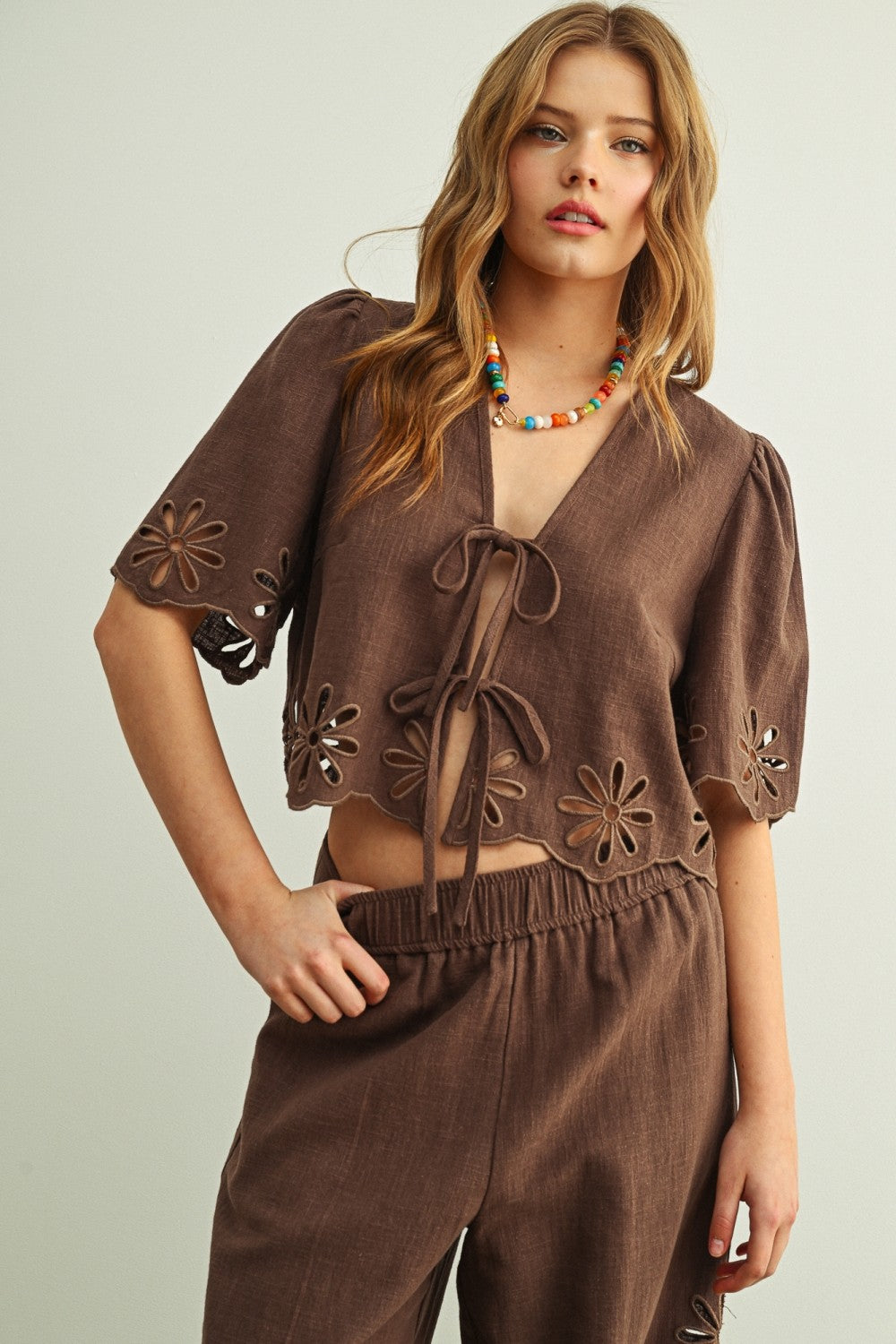 Embroidered Eyelet Tie-Front Crop Top