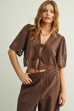Embroidered Eyelet Tie-Front Crop Top