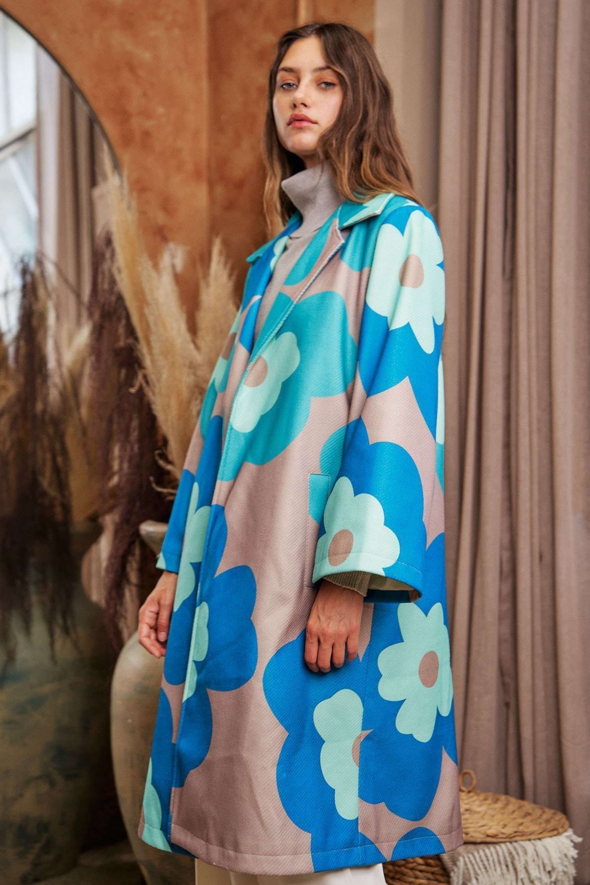 Retro Floral Bold Long Overcoat in Teal Green