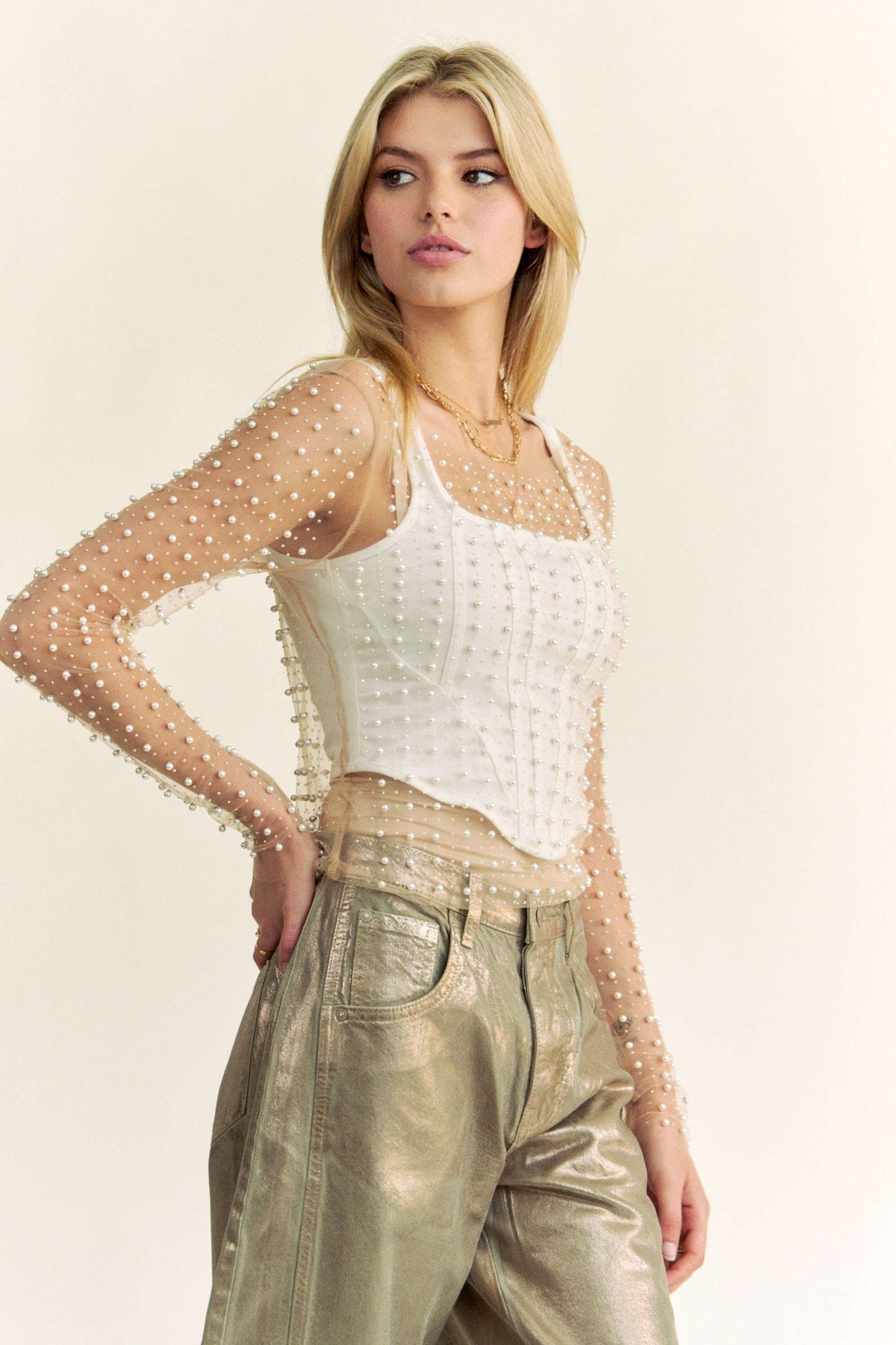 beads and pearls embellished mesh sleeve top in nude-side