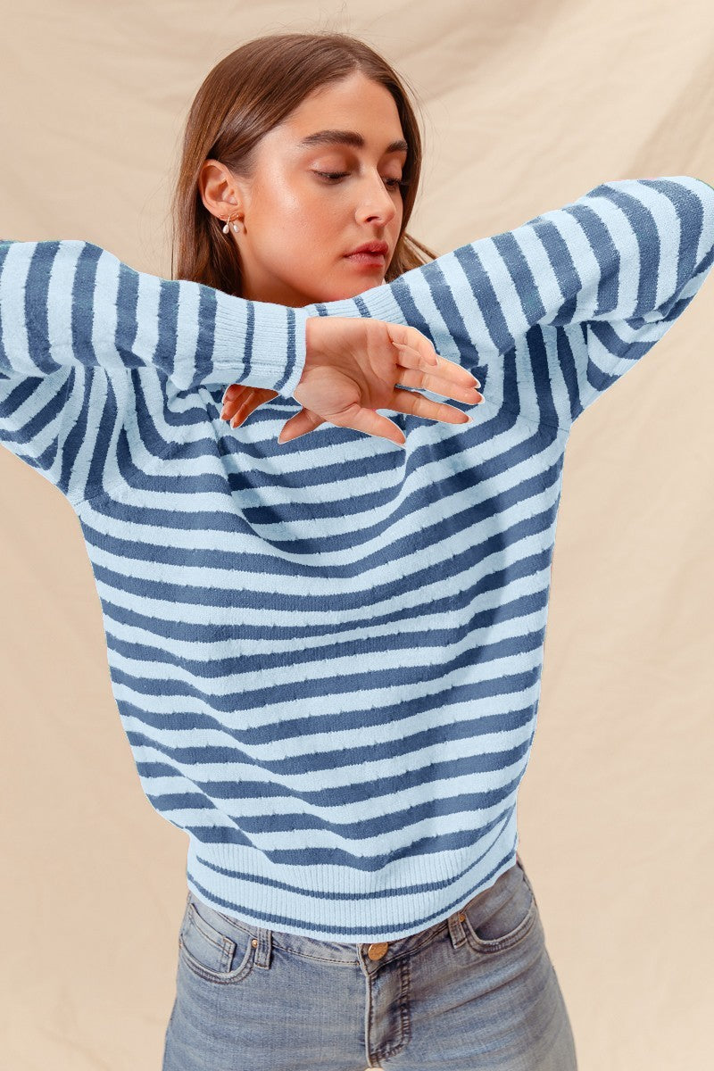 Two Color Stripe Sweater in denim blue-front