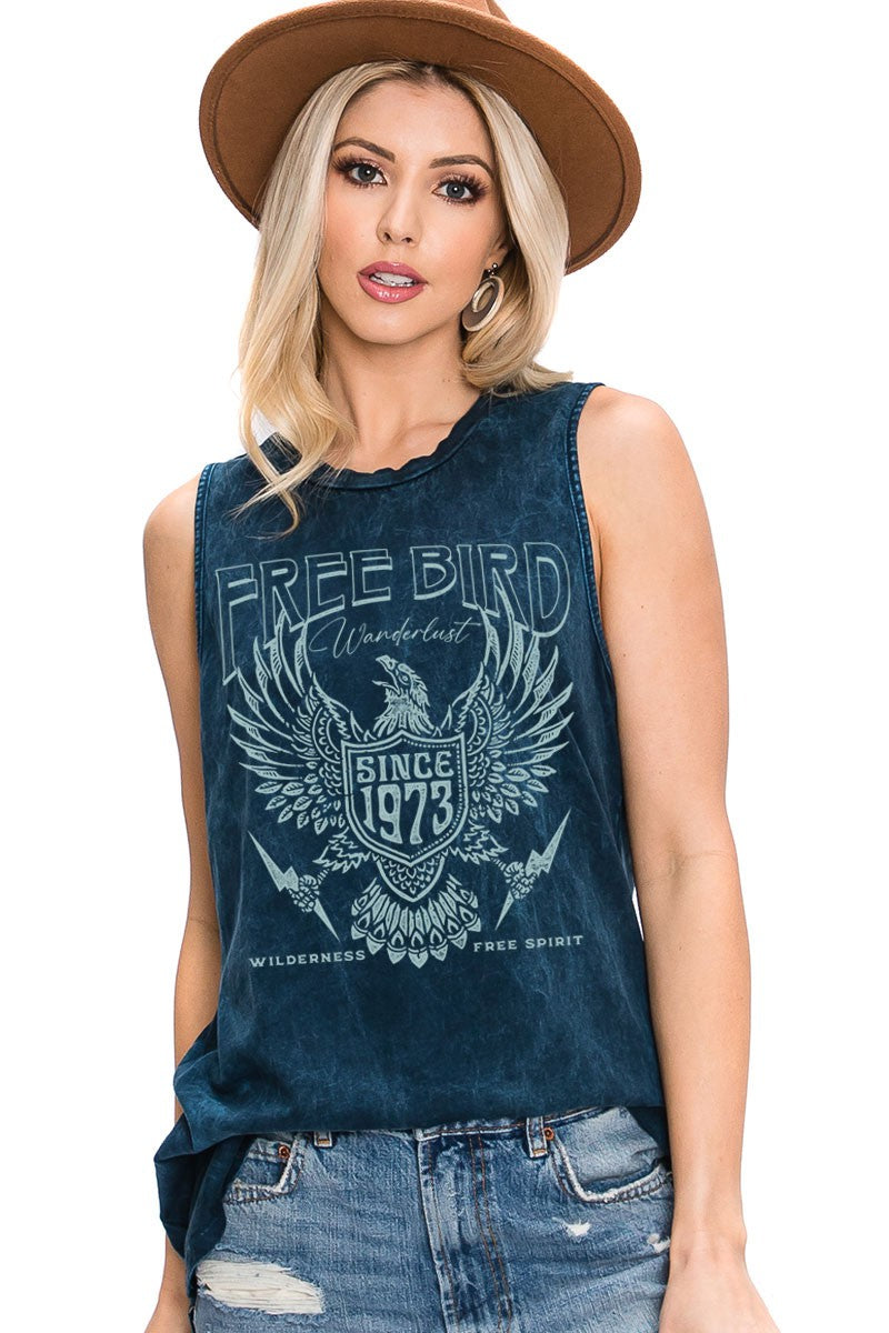 free bird since 1973 mineral graphic tank top in navy