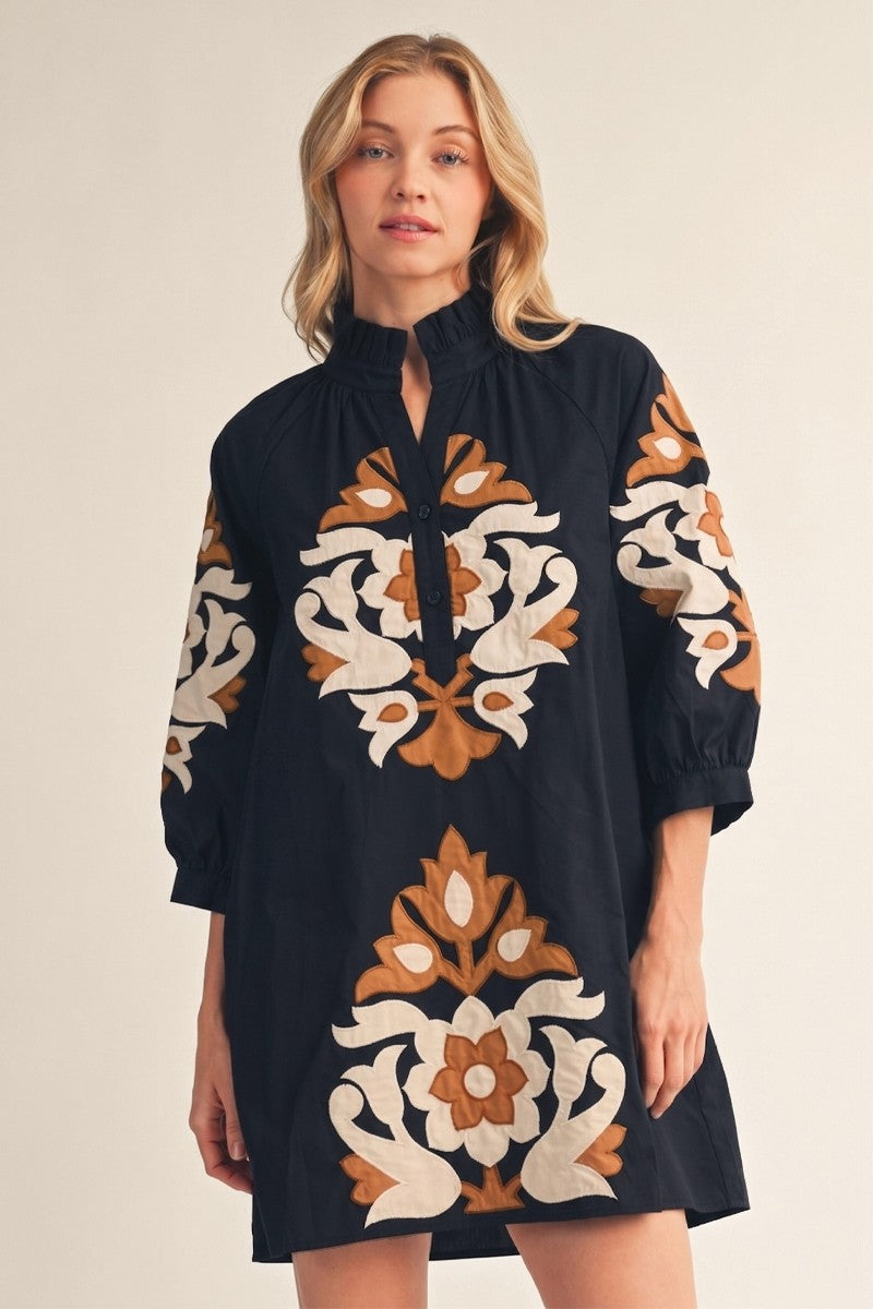 Baroque Bloom Ruffle Neck Dress