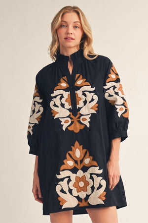 Baroque Bloom Ruffle Neck Dress