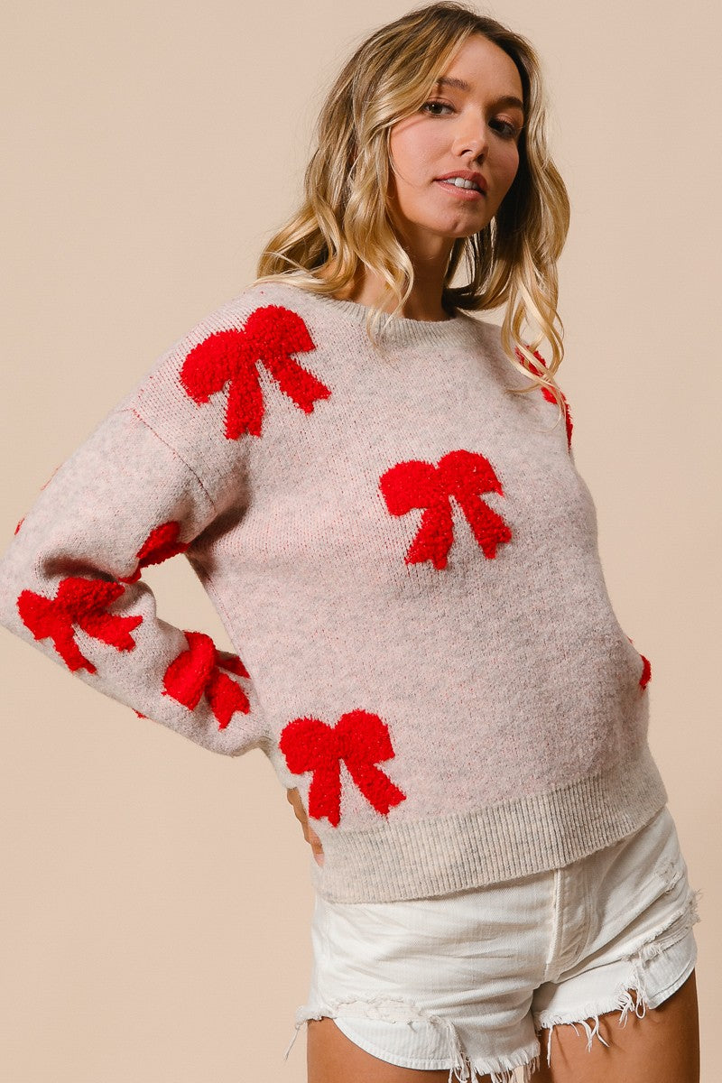 Ribbon Bow Pattern Sweater oatmeal with red bows-front