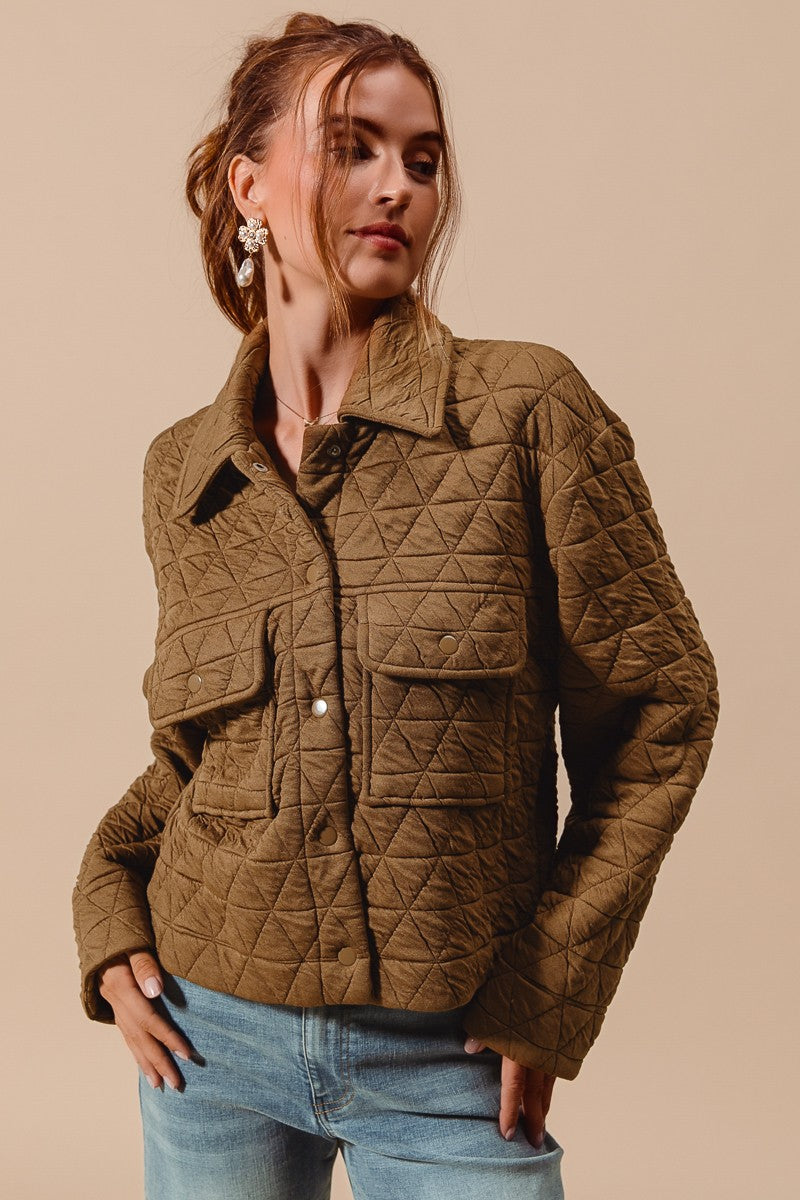 triangle quilting stitch button jacket in mocha-front