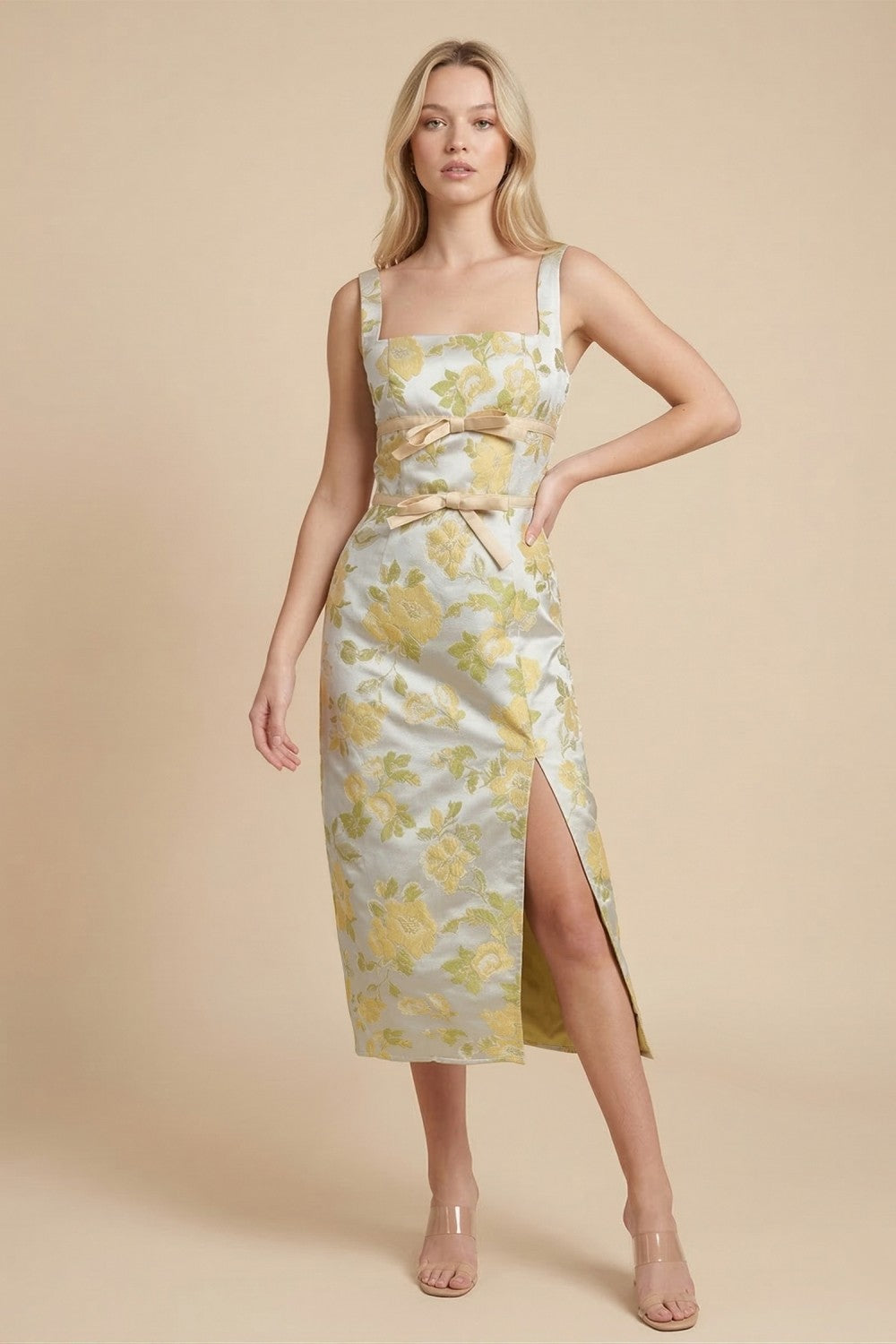 Golden Bloom Square Neck Midi Dress