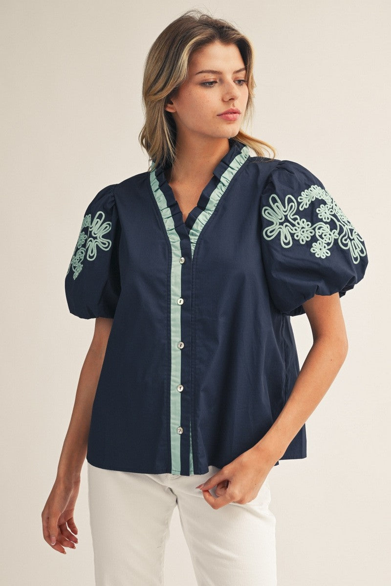 Spring Bloom Embroidered Puff Sleeve Top