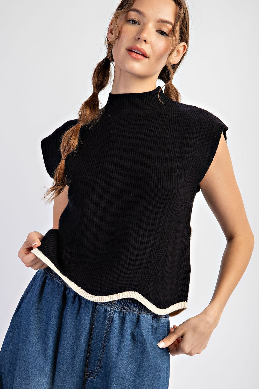 mock neck scallop trim sweater in black-front