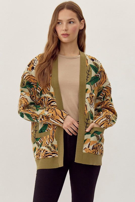 tiger print cardigan in green-front