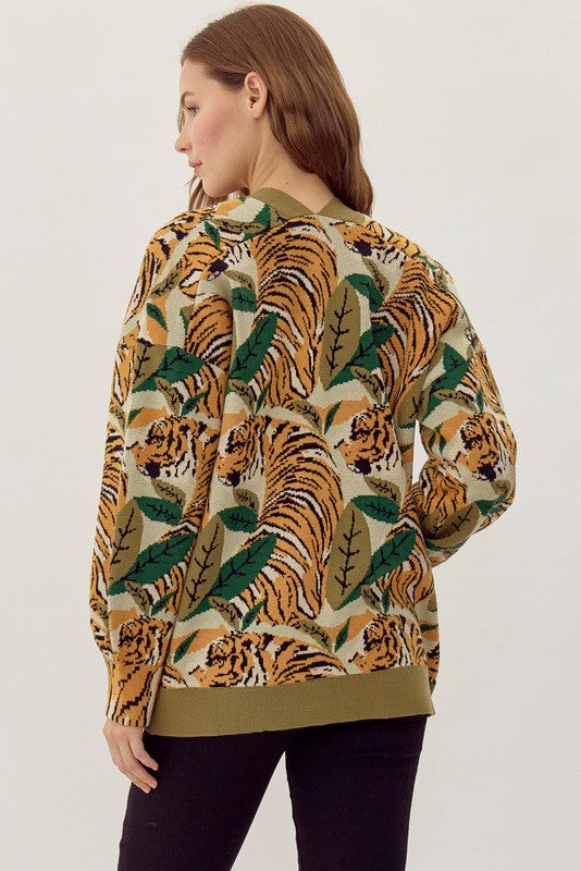 tiger print cardigan in green-back