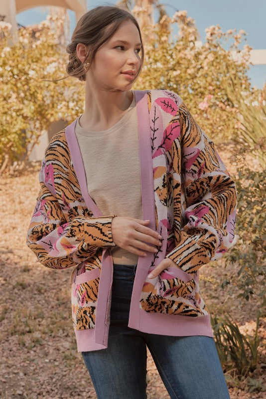 tiger print cardigan in pink-front