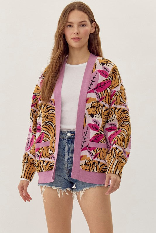 tiger print cardigan in pink-front