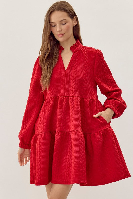 textured frilled split tiered dress in red-front