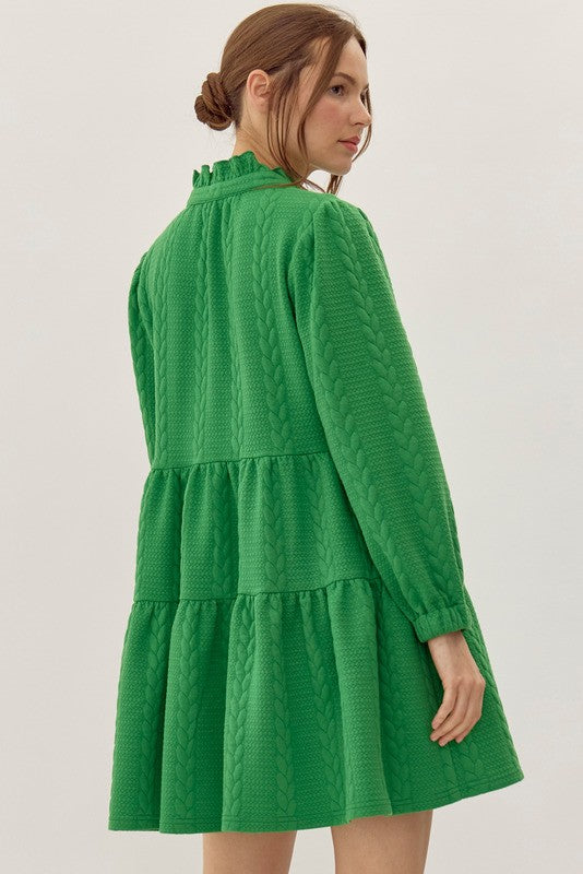 textured frilled split tiered dress in green-back