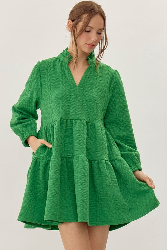 textured frilled split tiered dress in green-front