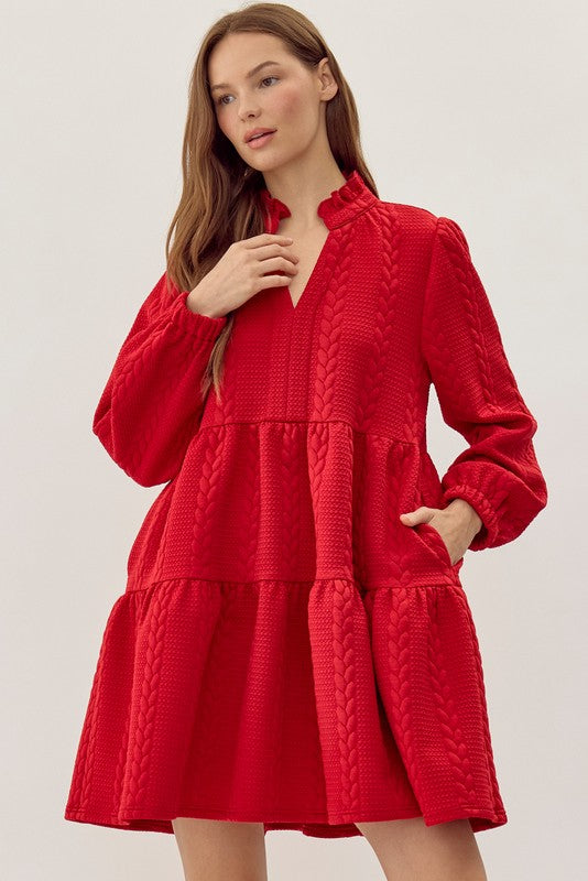 textured frilled split tiered dress in red-front