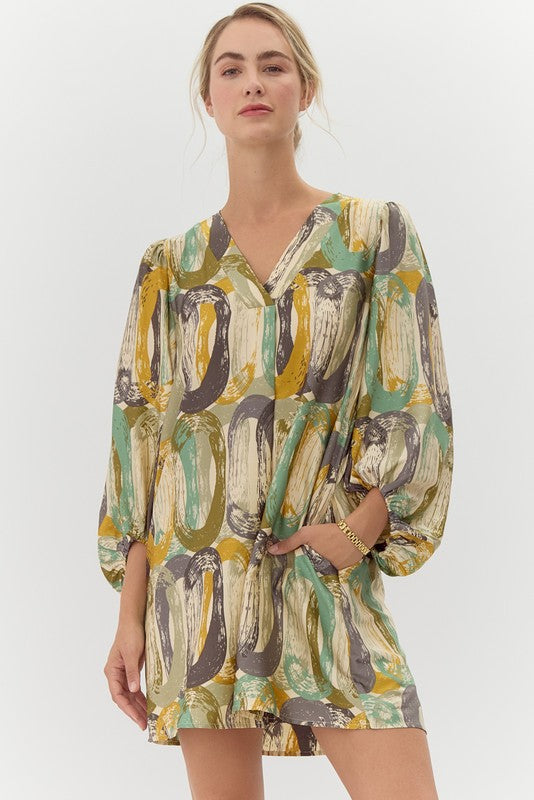 abstract print dress with three quarter sleeves