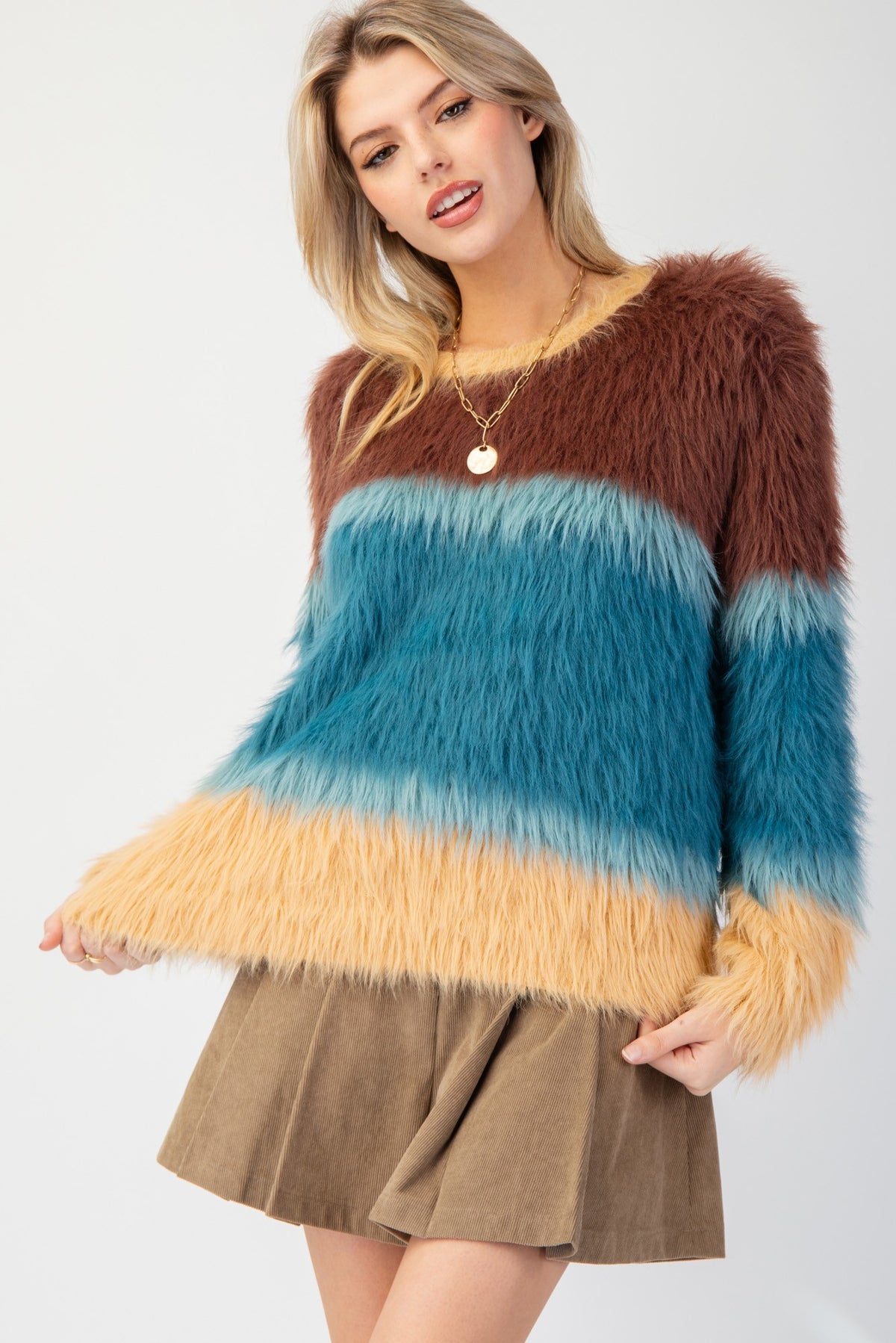 Color Block Fuzzy Knit Sweater in mocha teal-front