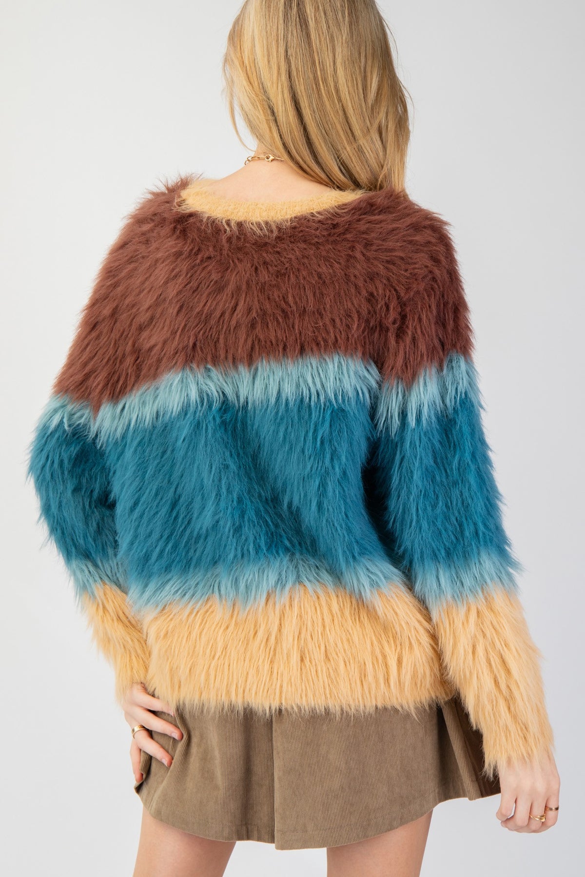 Color Block Fuzzy Knit Sweater in mocha teal-back