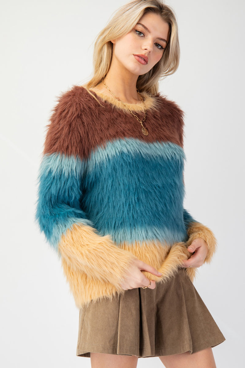 Color Block Fuzzy Knit Sweater in mocha teal-front