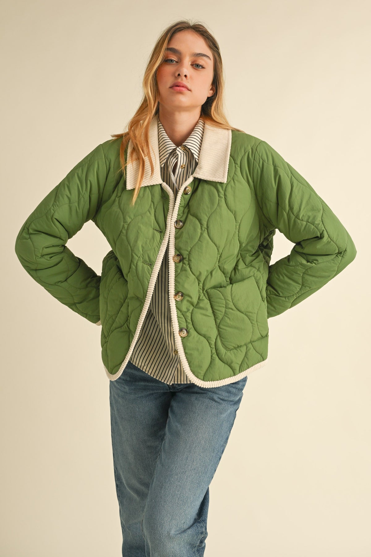 quilted button down jacket in green-front