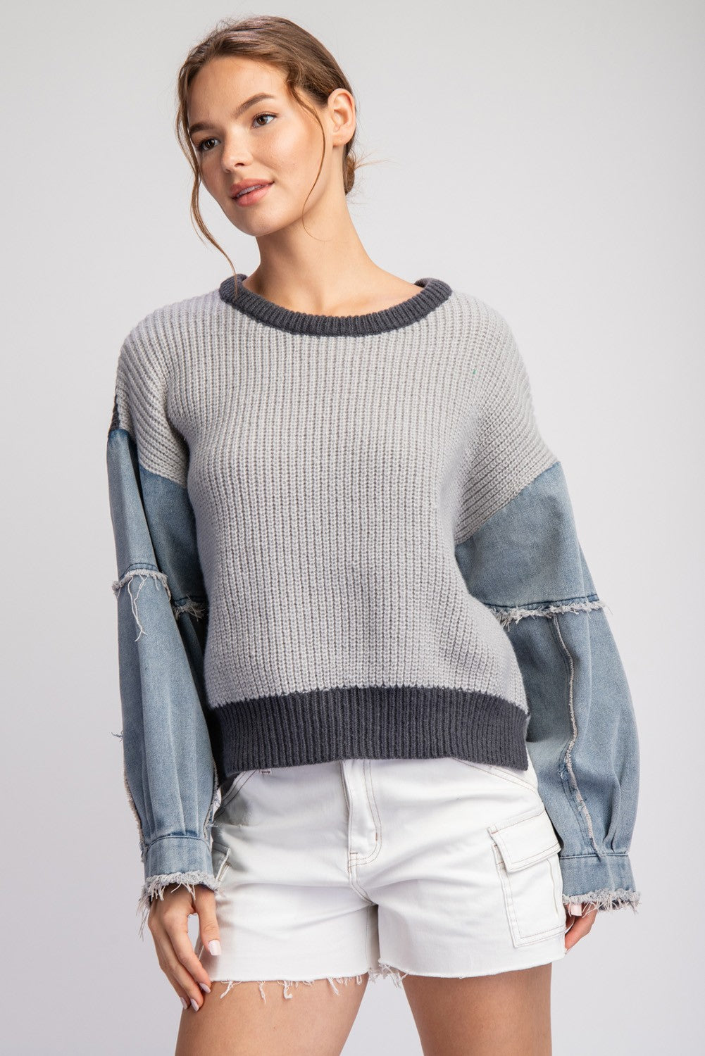 MINERAL WASHED DENIM SLEEVE SWEATER TOP in gray
