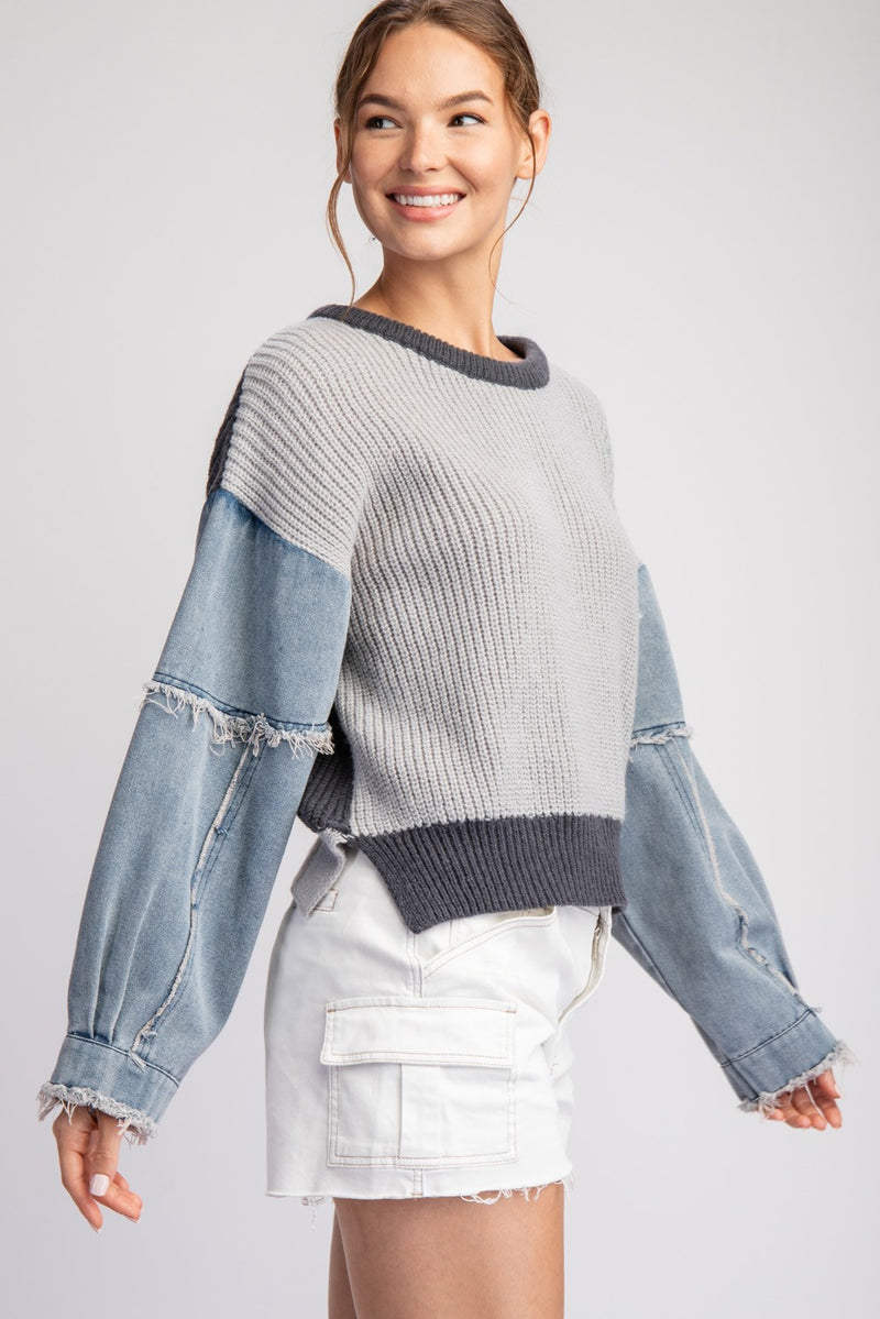 MINERAL WASHED DENIM SLEEVE SWEATER TOP in gray-side
