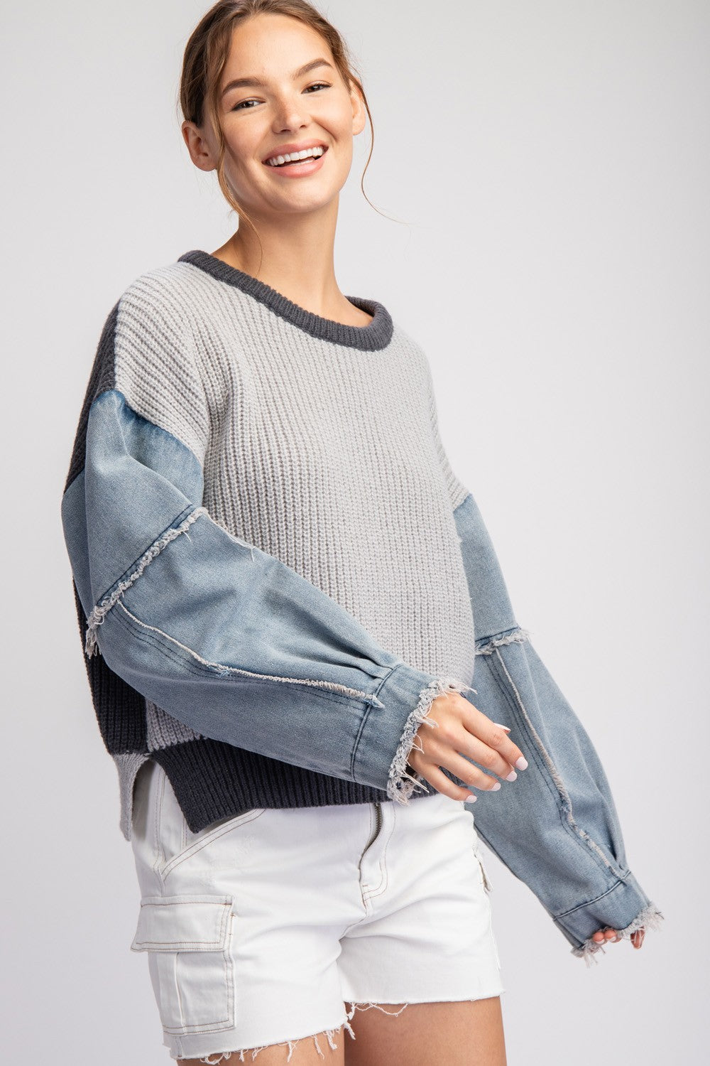 MINERAL WASHED DENIM SLEEVE SWEATER TOP in gray-side
