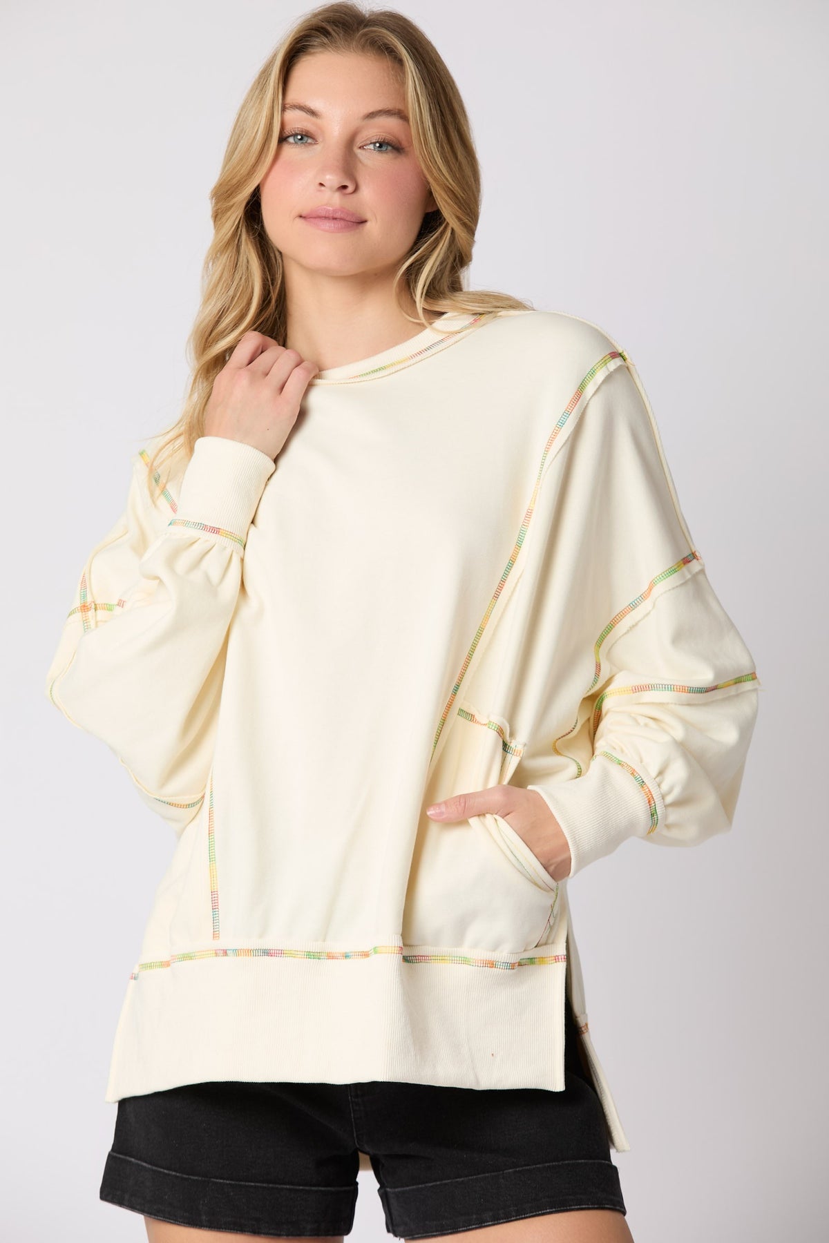 Multi Color Stitch Detail Oversized Sweatshirt in cream-front