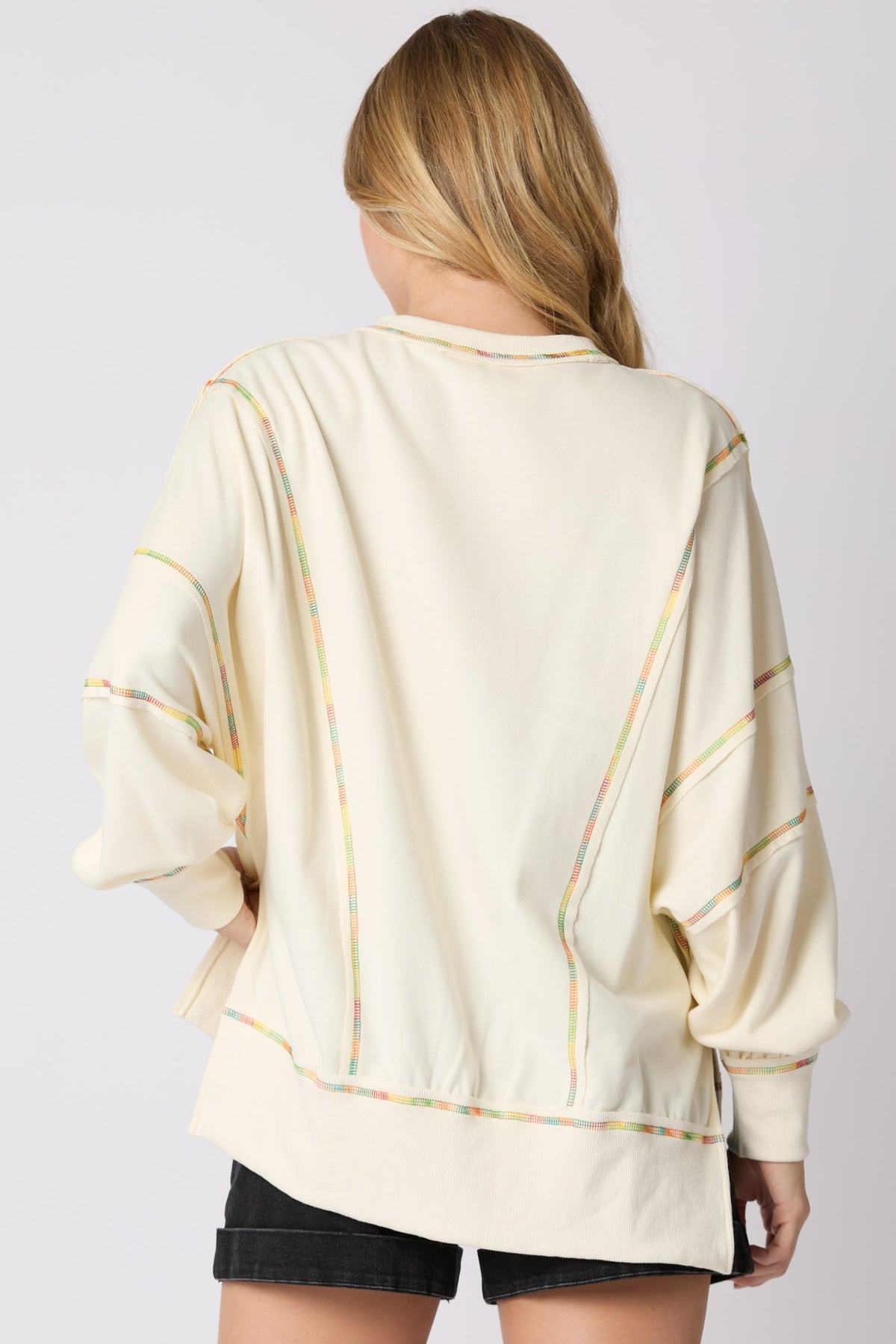 Multi Color Stitch Detail Oversized Sweatshirt in cream-back