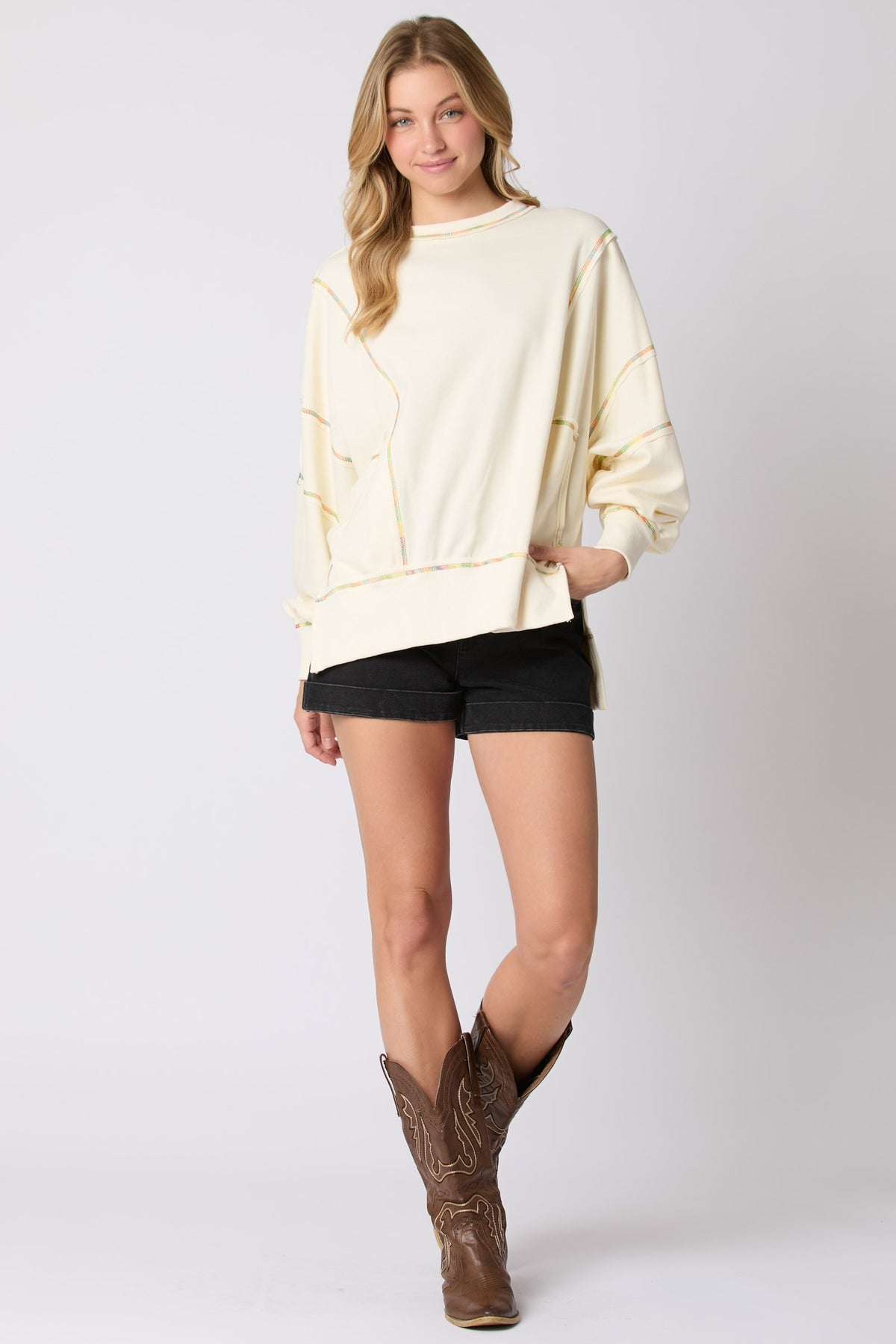 Multi Color Stitch Detail Oversized Sweatshirt in cream-front