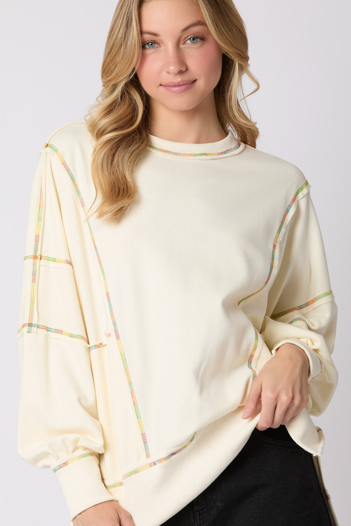 Multi Color Stitch Detail Oversized Sweatshirt in cream-front