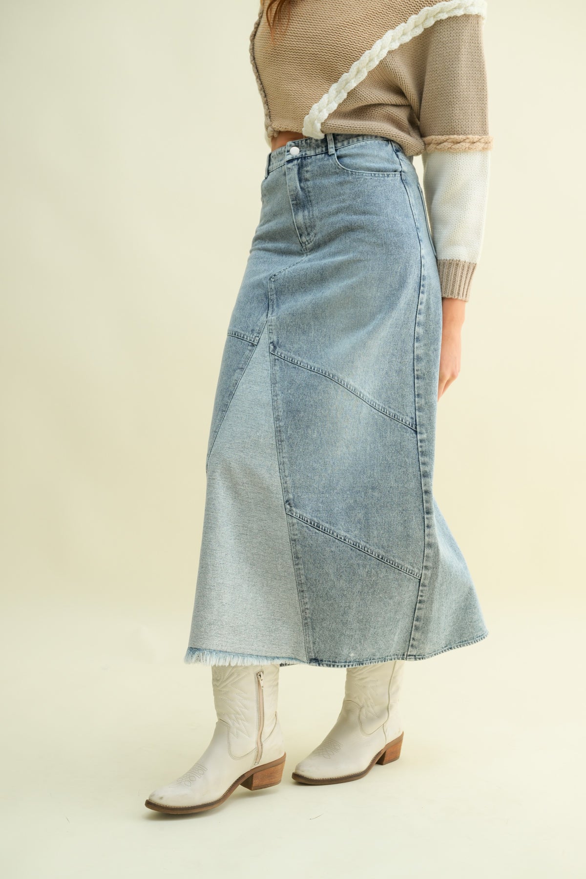 Contrast Wash Maxi Denim Skirt