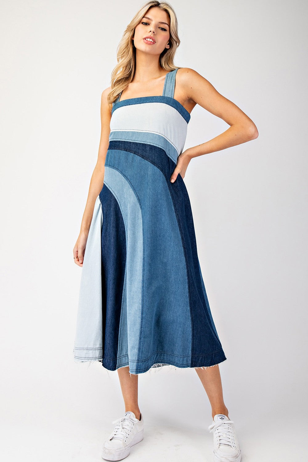 Color Block Denim Midi Dress